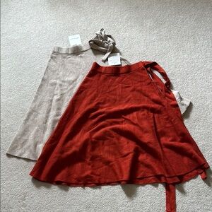 Tan and orange Midi A-Line Skirt with Tie Front